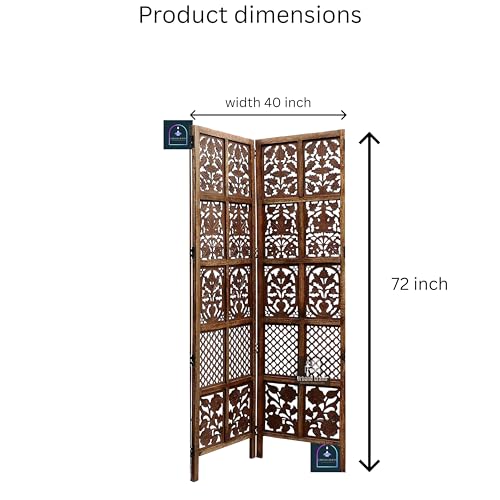 Image of Wooden Room Divider 2 Panel 6 Feet | Freestanding Room Partition Screen with Burnt Wood Finish | Hand Buffed Traditional Handicraft Design