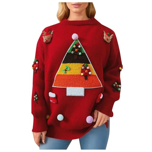 Generisch Jersey de Navidad Árbol de Navidad Jacquard Tres Suéter Decorado Mujer Moda de Punto, RD1., S
