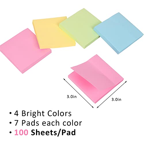 HappyHapi 28 Pack Sticky Notes 3x3 Inches 100 Sheets/Pad, 4 Soft Colors (Yellow, Green, Pink, Blue) Light Colored Self-Stick Pads, Bulk Office Supplies for Work, School & Home