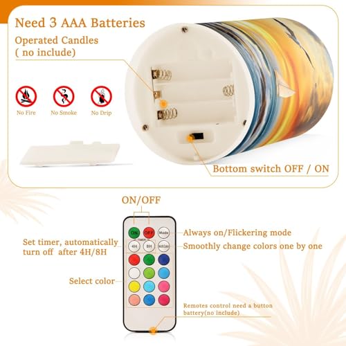 Image of Lighthouse Ocean Seagulls Sailboat Flickering Flameless Candles LED Battery Operated with Remote Timer Pillar Candles for Home Birthday Wedding Christmas Decor, Set of 2