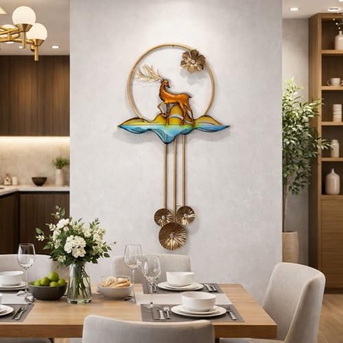 Image of SHREE 'O' GREEN TECH - Big Handcrafted Metal Golden Deer Wall Art with Leaf Frame Multicolor Decor for Home, Living Room, Drawing Room & Bedroom Decor (Size 22x42 Inch)