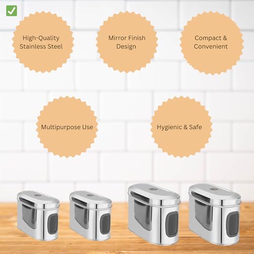 Image of Stainless Steel Capsule Food Canisters /Jars /Containers for Kitchen Storage with See Through Window - set of 4, 1350 & 1850 ml capacity, Silver
