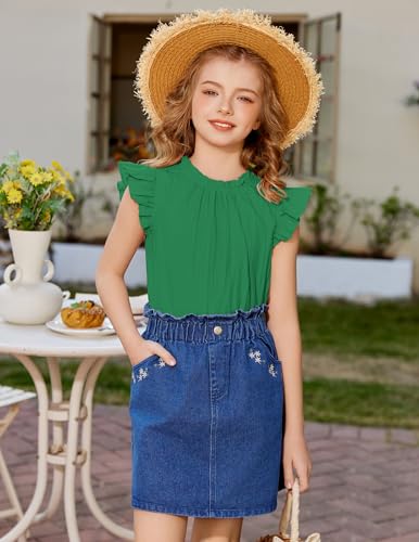 Image of Arshiner Girls Ruffle Short Sleeve Shirts Cute Summer Frill Neck Pleated Textured Blouse Tops
