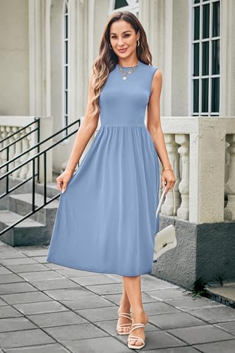 Image of Newshows Women 2025 Work Dress Sleeveless Crew Neck Office Business Casual Outfits Midi Elegant Dresses with Pockets