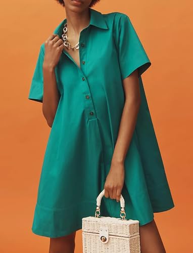 Image of Dsewpaur Short Sleeve Swing Tunic Mini Dress for Women Button Up Shirt Blouse Short Dress Summer Casual Flowy A Line Dress