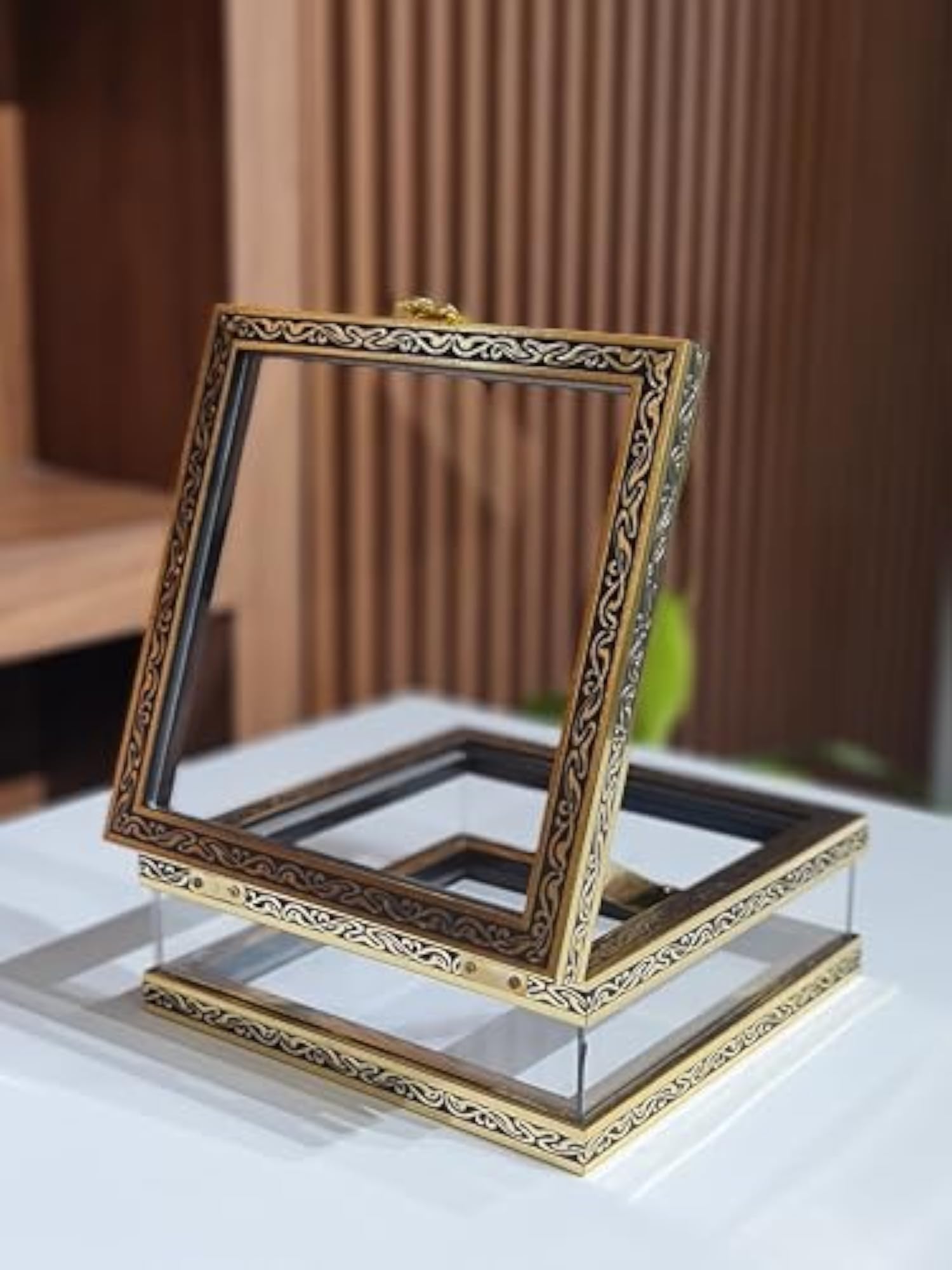 Square Acrylic Display Box with Black & Gold Metal Frame