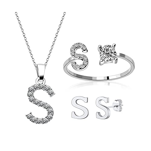 3 Pack Alphabet Rings Cubic Zirconia Letter S Pendant Necklace Ear Studs for Women Jewelry Sets (S)