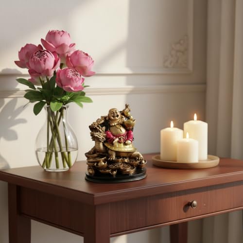 Image of HindCraft Laughing Buddha on Dragon Tortoise Showpiece for Home Decor | Feng Shui Buddha Statue for Wealth, Success, Protection & Good Luck Gift