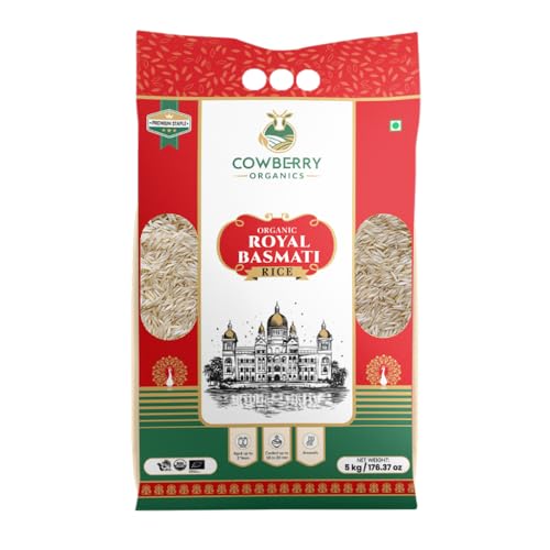 Image of COWBERRY Organic Royal Basmati Rice /Extra Long Grain 5 kg, Aged 2 Years Premium 18-20mm Cooked | NPOP India, NOP USDA, EU Organic Certified | Lab-Tested 252+ Chemicals & Glyphosate Free