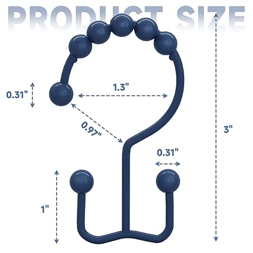 Image of Titanker Shower Curtain Hooks Rings, Rust-Resistant Metal Double Glide Shower Hooks for Bathroom Shower Rods Curtains, Set of 12 Hooks - Navy Blue