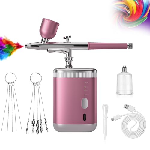 AURIVEE Kabelloses Airbrush Set Pink - Tragbare Spritzpistole,Wiederaufladbare elektrische Airbrush mit 0,3/0,5mm Düse,3 einstellbare Drücke für Nageldesign,Modellbau,Kekse Dekoration & Kreativprojekt