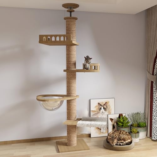 Floor to Ceiling cat Tree - Adjustable Height (95-98in,104.3-108.2in)- with Width 4.33 in Scratching Post,Cat Hammock,Fully Wrapped with sisal Rope - Floor to Ceiling Cat Tower for Indoor Cats.(T04)