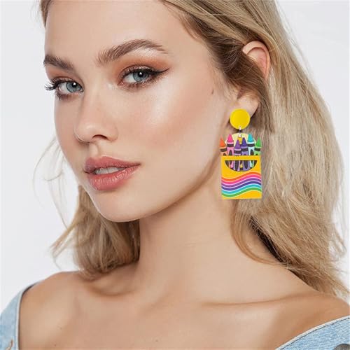 Handmade Wooden Pencil Drop Earring Lightweight Apple Rainbow Pencil Dinosaur Book Wood Earrings Funny Caterpillar Teacher Student Dangle Earrings for Women Back to School Gift4