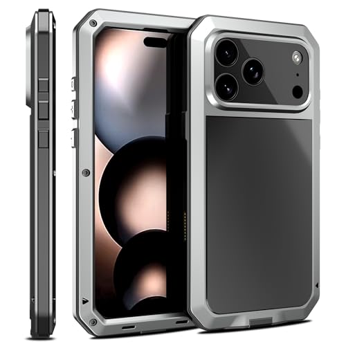 Marrkey Compatiable with iPhone 17 Pro Max Case,360 Full Body Protective Cover Heavy Duty Shockproof [Tough Armour] Aluminum Alloy Metal Case with Silicone Built-in Screen Protector - Silver