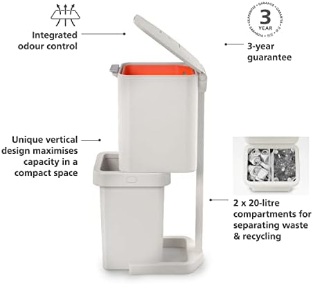 Joseph Joseph Totem Pop 40 Litre Waste Separation and Recycling Kitchen Bin, Stone