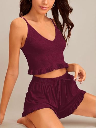 Image of Avanova Women Sexy 2 Piece Pajama Set Ruffle Trim Cami Top and Shorts Sleepwear Set