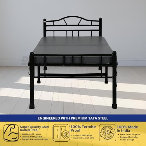 Image of DELITE KOM Lyra Foldable Metal Single Bed (6.7x3ft) with Mattress | No Install | 1 Year Warranty | Strong Metal Single Bed, 204.5 cm x 92 cm (6.71 ft x 3.02 ft) (Finish Color - Black