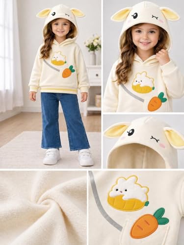 Image of Bold N Elegant Girl's Denim Solid Full Sleeve Bunny Print Sweatshirt Hoodie And Jeans With Frayed Hem
