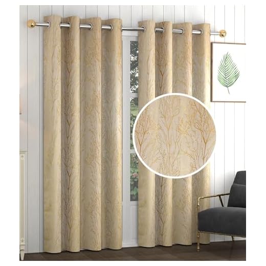 Yellow Weaves Rich Jacquard Fabric Curtains for Door, Leafy Twig, 7 Feet, Pack of 2, Golden Beige