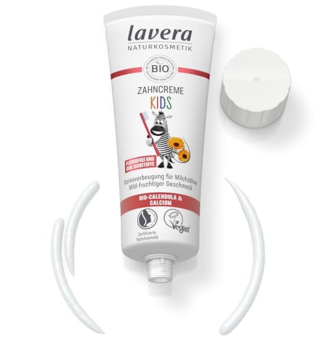 lavera Zahncreme Kids FLUORIDFREI - ohne Farbstoffe - schützt Milchzähne - mild-fruchtig - Bio Calendula & Calcium - Vegan - 75 ml