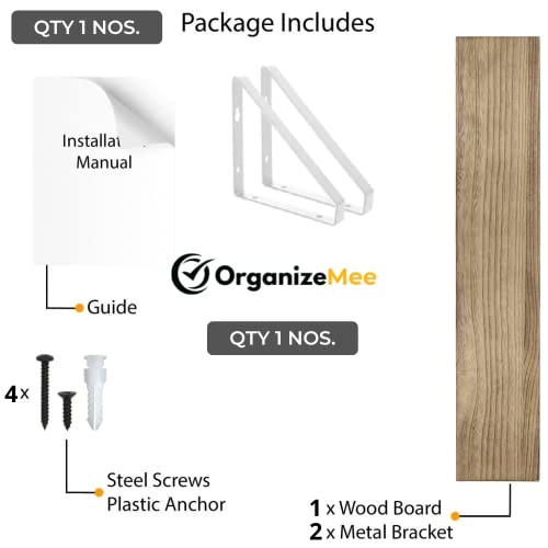 Image of OrganizeMee Wooden Book Shelf Wall D�cor,Floating Shelves For Living Room Kitchen,Bedroom,Decorative items,Pine Wood Planks Metal Mounting Brackets,Polished ,Size(16.5 Inch X 6 inchWhite Bracket) Qty:1NOS