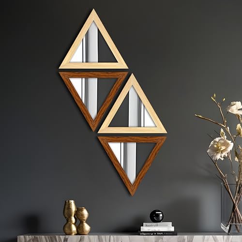 Image of Art Street Acrylic Wall Mirror for Decoration Set of 4, Trangle Shape Acrylic Basin Mirror with Hanging Hook for Bathroom, Bedroom, Home and Office Wall Decor (9x9 Inch, Beige and Brown)