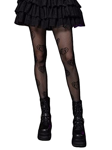 MAKEMECHIC Women's Sheer Patterned Tights Fishnet Stockings Pantyhose Leggings Heart Black one-size