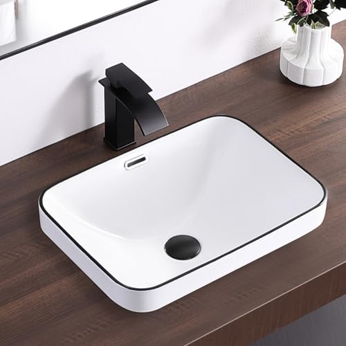 La Mejor Recopilación de Lavabos con borde del mes. 44 KARAMAG - Fregadero de baño de 18.2 x 13.3 pulgadas, fregadero de baño rectangular con desbordamiento blanco con borde negro, lavabo de cerámica moderno