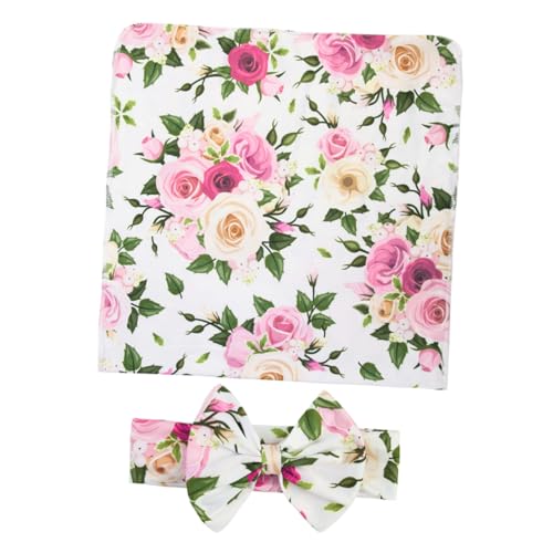 OFFSCH Kit para Manta Envolvente Floral Suave y Diadema con Lazo Accesorio Cómodo y Transpirable para Recién Nacido para Fotografía Infantil y Regalos Prácticos