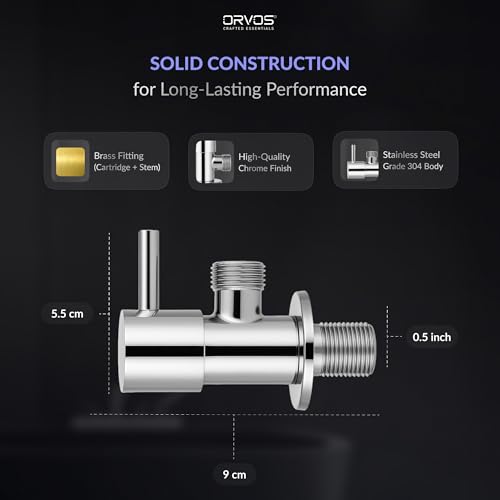 Image of Orvos Angle Valve, Rounded, Premium 304 Stainless Steel Chrome Plated Body with Full Brass Cartridge Inside, Set of 1, for Hot & Cold Supply to Geysers, Sinks, Basins and Flush Tanks