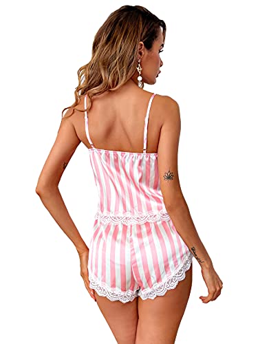 Shein Women's Sexy Lingerie Satin Pajamas Striped Cami Shorts Set With Belted Robe Pink Stripes Small #TOP3