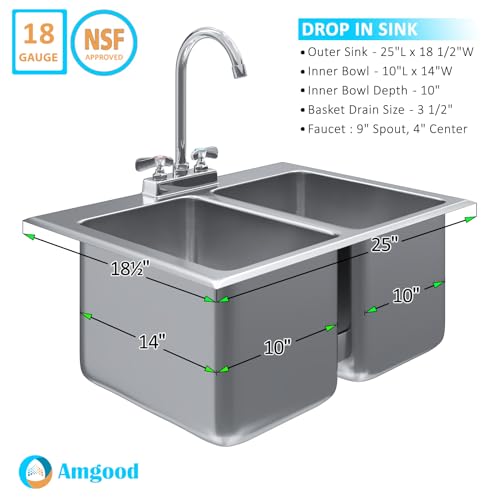 Image of Stainless Steel 2 Compartment Drop-In Sink Bowl 10 in. x 14 in. x 10 in. With Faucet