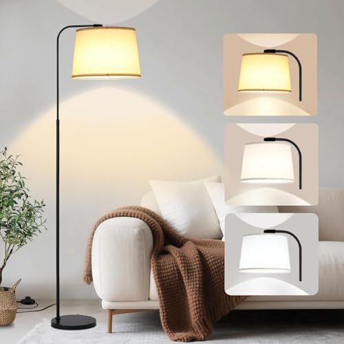 WAMBORY Dimmable Floor Lamp, Arc Floor Lamps with 12W LED Bulb Included, Tall Lamp with 3 Color Temperatures, Modern Standing Lamp with Linen Shade for Living Room Office Bedroom Dining Room