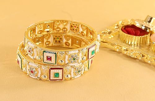Image of NMII Gold Metal Bangles Rajwadi Style Kangan Set For Women & Girls With Zircon Diamond & Pearls | Traditional Girl's Bangles Bracelet | Kada For Women Trendy | Wedding, Party, Daily- Set Of 2