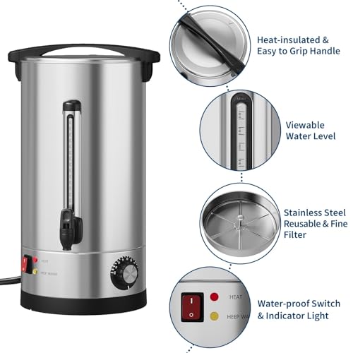 Image of 70-Cup Commercial Coffee Urn - 10l Large Stainless Steel Electric Coffee Maker with Double-Wall Insulation and Filter Basket - Suitable for Buffets, Catering, Parties, Weddings, and Business Events