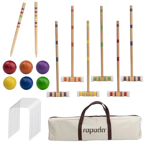 ropoda Six-Player Croquet Set with Wooden Mallets, Colored Balls, Sturdy