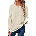 Womens Long Sleeve Sweaters Button Cuff Ribbed Knit Sweaters 2025 Fashion Lightweight Casual Crewneck Tunic Tops Beige