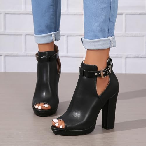 Women's Open Peep Toe Booties Cutout Side Strap Buckle Chunky Block Heel Fashion Short Ankle Boots Dressy Sandals3