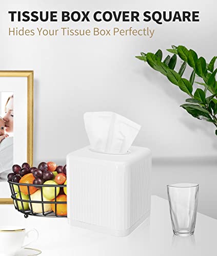 Livelab Tissue Box Cover With Base, Square Plastic Tissue Box Holder Decorative Tissue Cover Modern Cube Facial Tissue Dispenser For Bathroom Vanity Countertop, Living Room, Bedroom, Office - White #TOP2