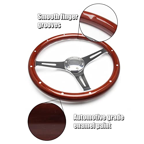 15" Classic Wood Grain Steering Wheel Riveted Light Wood Grip Universal Automotive Steering Wheels Slotted 3 Spoke with Horn Button