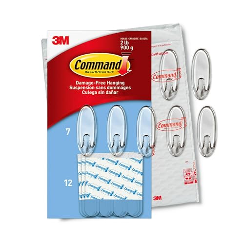 Command Medium Wall Hooks, Damage Free Hanging Wall Hooks with Adhesive Strips, No Tools Wall Hooks for Hanging Christmas Decorations, 7 Clear Wall Hooks and 12 Command Strips