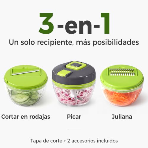 Miniatura 2 de Diboniur Picadora Manual 520 Ml, 3 En 1 Picadora De Verduras Con Cuerda, Cortador De Verduras Manual, Multifuncional Trituradora De Alimentos Para Verduras, Frutas, Nueces Verde