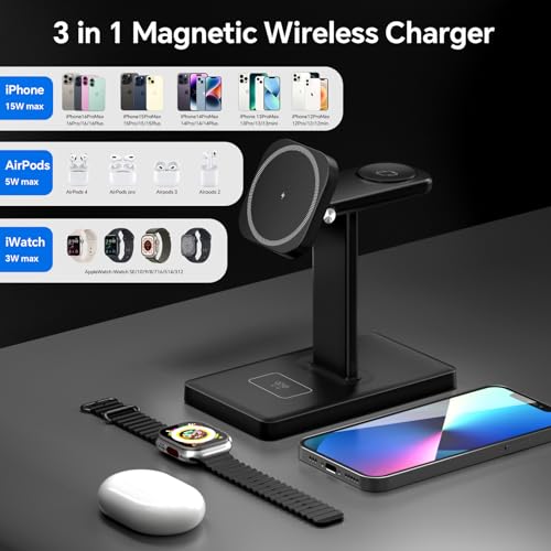 3-in-1 Wireless Charger Stand for iPhone, Apple Watch & AirPods, Magnetic Charging Station for Multiple Apple Devices - image 3