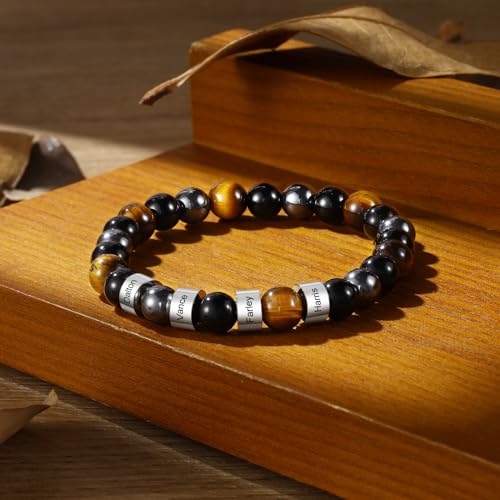 Personalized Tiger Eye Bead Bracelet Men: Custom 1-5 Name Beaded Bracelets for Men - Energy Stone Black Gallstone Obsidian Bracelet - Image 4