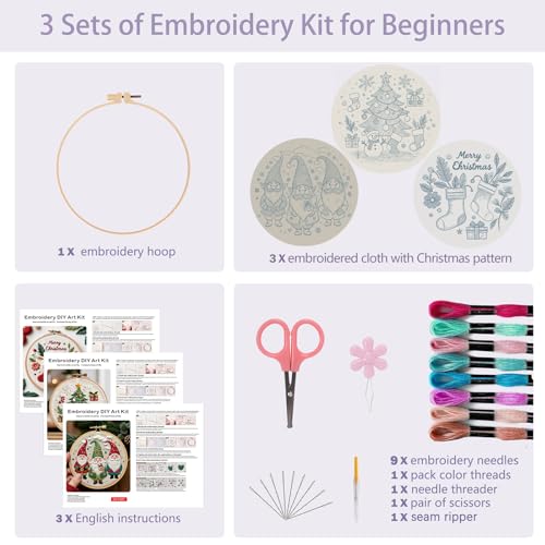 Image of Offizon Christmas Embroidery Kit for Beginners, 3 PCS Starter Cross Stitches, Winter Santa Handicrafts, Merry Chistmas