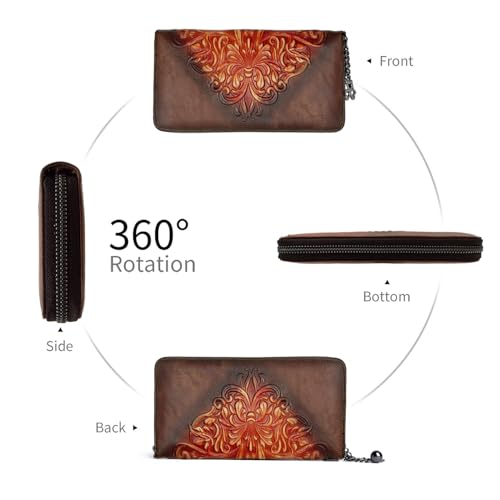 Image of Wallet Genuine Leather for Women - with RFID Blocking Card checkbook ID Slot Large Capacity Vintage style (floral coffee)