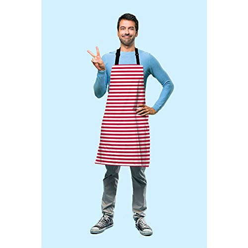 Beabes Horizontal Red And White Stripes Bib Apron Adjustable Neck Strap Repetitive Thin Line Pattern Polyester Work Apron Crafting Bbq Drawing Chef Waitress 27" X 31" #TOP2