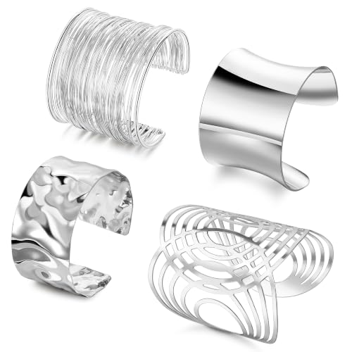 Vegolita 4PCS Chunky Cuff Bracelets for Women Open Wide Bangle Gold/Silver