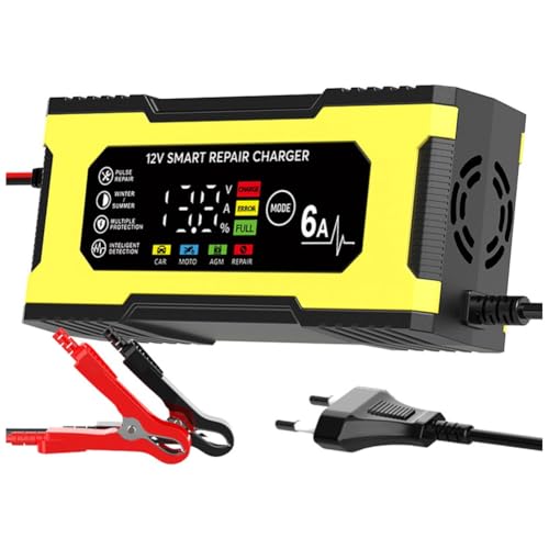 GNURBDILFO Cargador Reparación Inteligente 12 V y 6 A con Pantalla LED Reparación por Pulsos, Cargador Plomo-Ácido Carga Rápida Inteligente para Automóvil, Motocicleta, Enchufe la UE