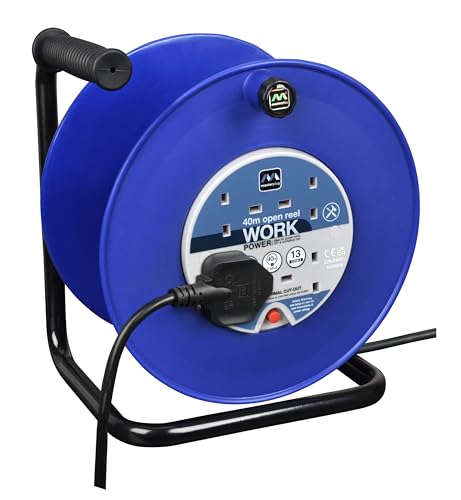 Masterplug Four Socket, 40 Metre Open Cable Reel, Large Extension Lead Reel, Wind-Up Power Retractable Cord Reel, Heavy Duty, Thermal Cut Out, Work Power, Blue/Black, 13A, 4G, 40m, HDCC4013/4BL